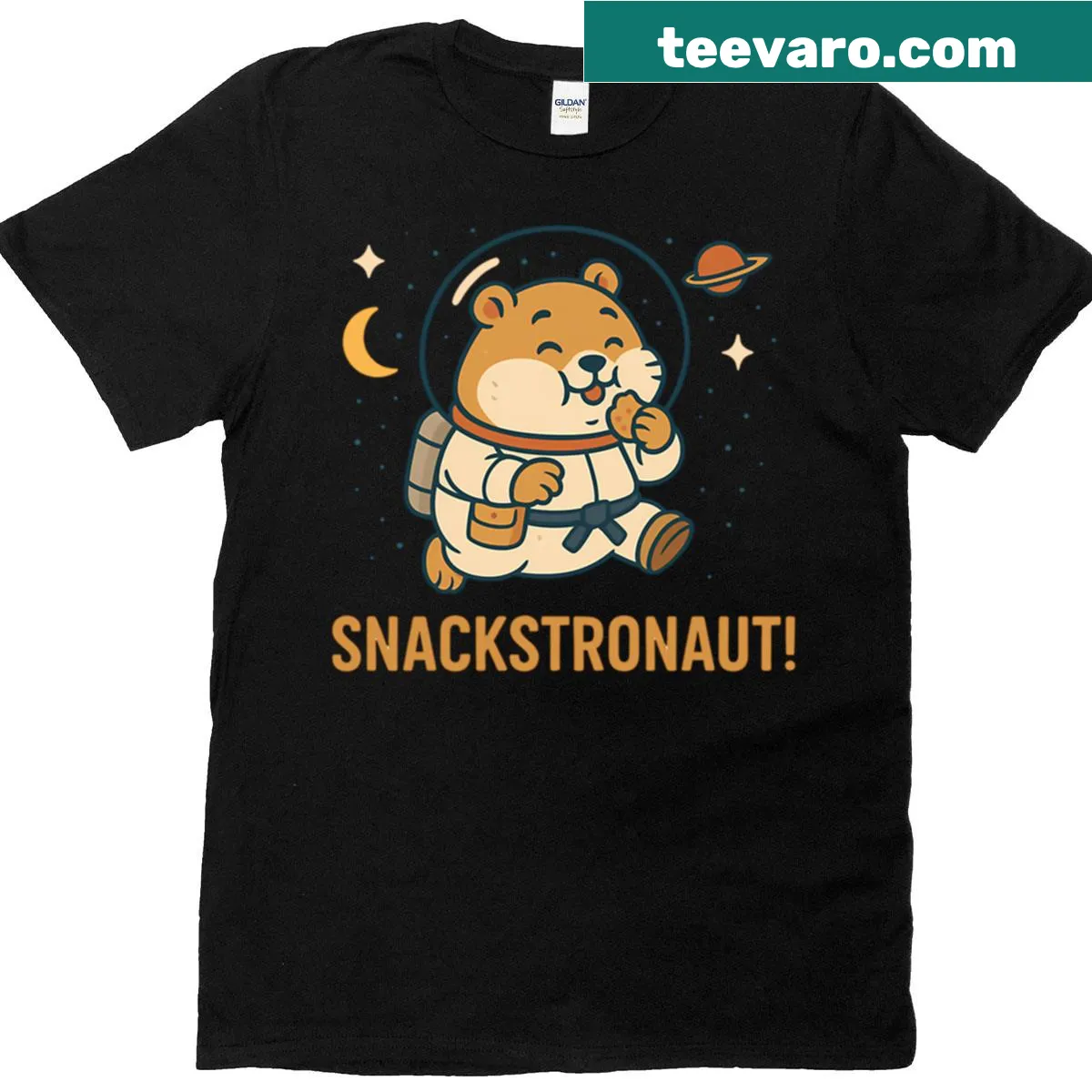 Cartoon t-shirt featuring a hamster astronaut snacking in space — on a men's t-shirt