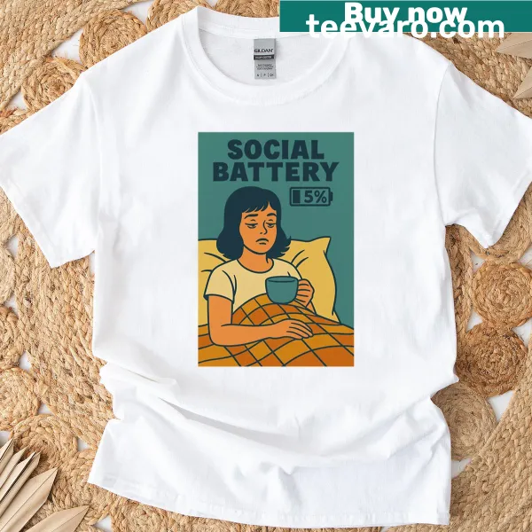 Retro comic style shirt showing a low social battery graphic