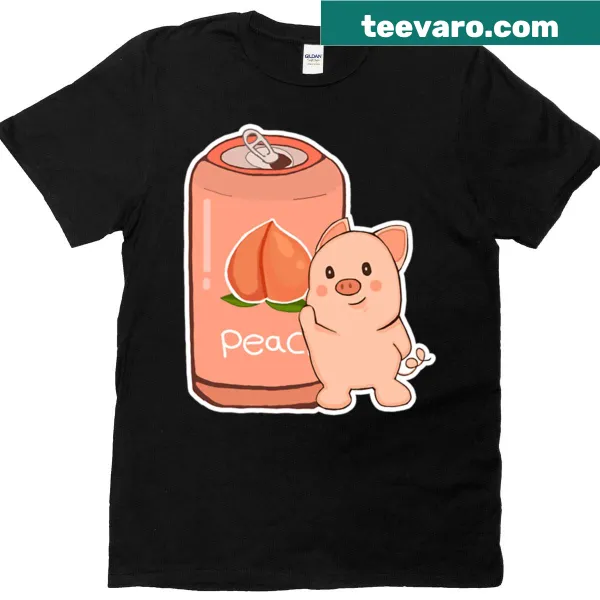 Whimsical oversized T-shirt featuring a pig sticker and peach soda.