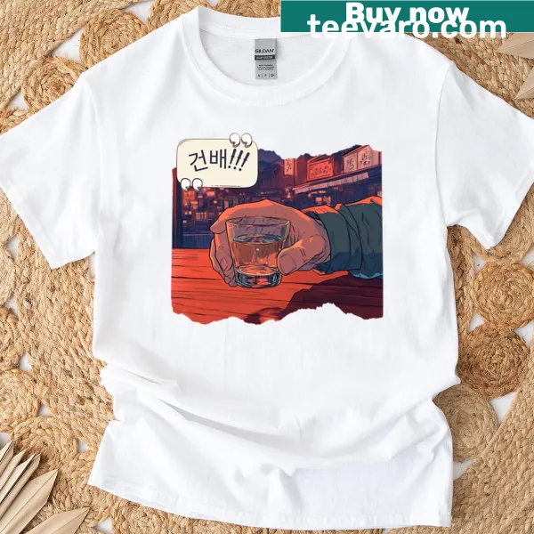 Cartoon toast and soju bottle design on a T-shirt
