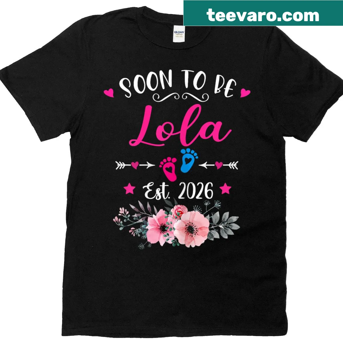 Floral T-shirt for soon-to-be grandmothers, reading 'Promoted to Lola Est 2026' — on a men's t-shirt