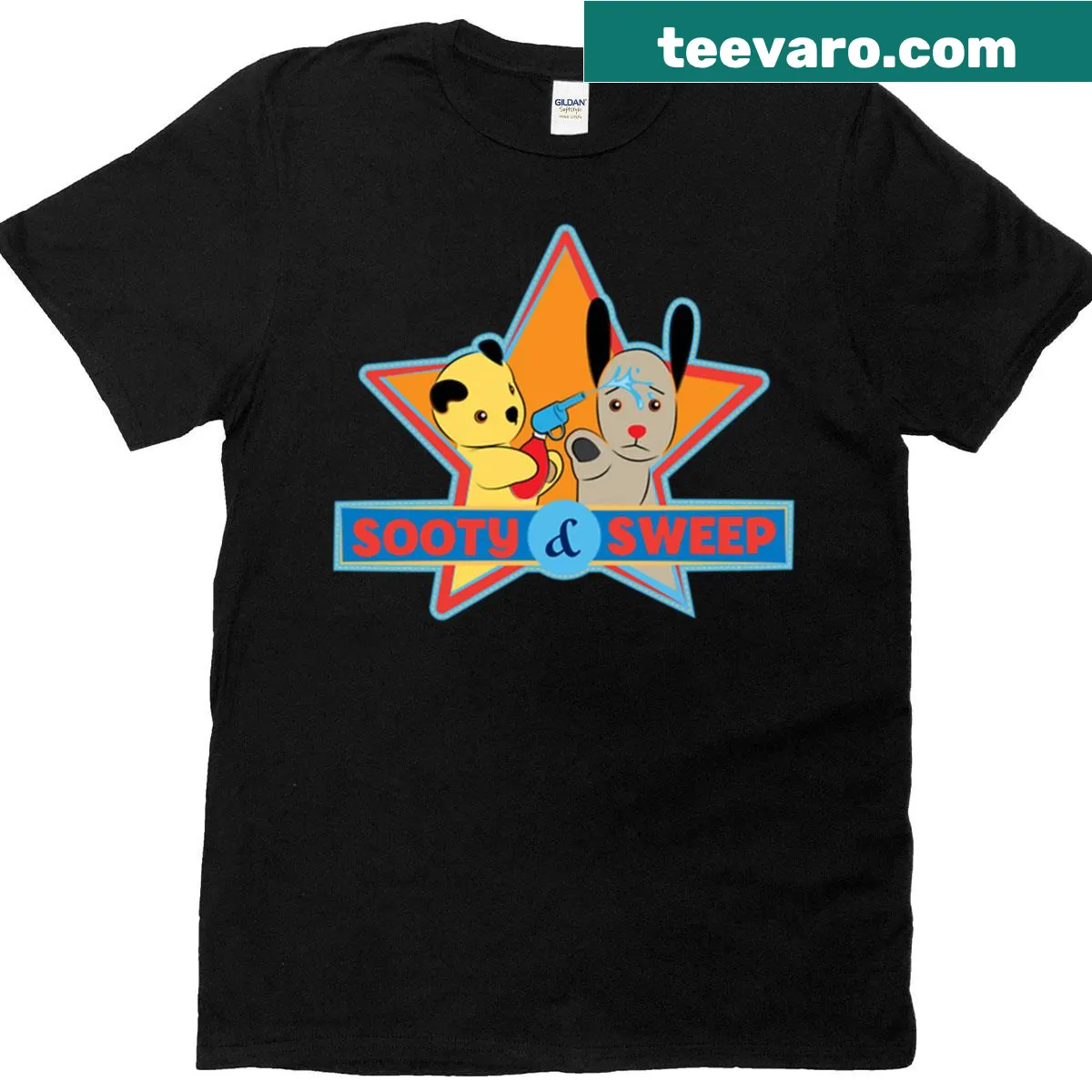 Cartoon water sprayer design featuring Sooty Sweep on a t-shirt — on a men's t-shirt