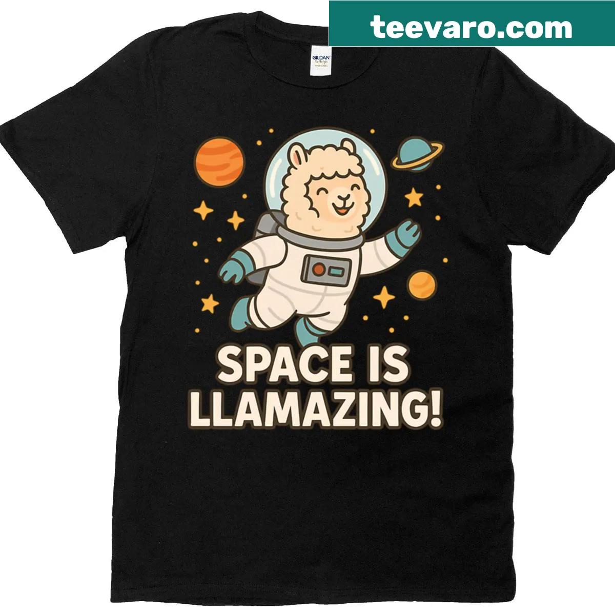 Llama in an astronaut suit floating in space on a T-shirt. — on a men's t-shirt