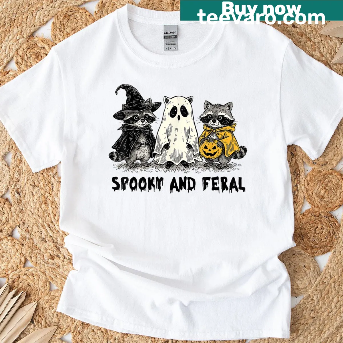 Illustration of a raccoon for Halloween with playful text — on a men's t-shirt