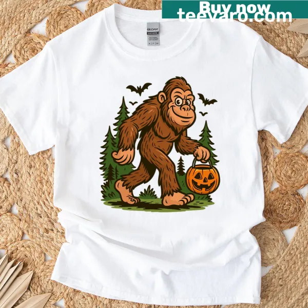 Oversized t-shirt featuring Bigfoot ready for Halloween trick-or-treating
