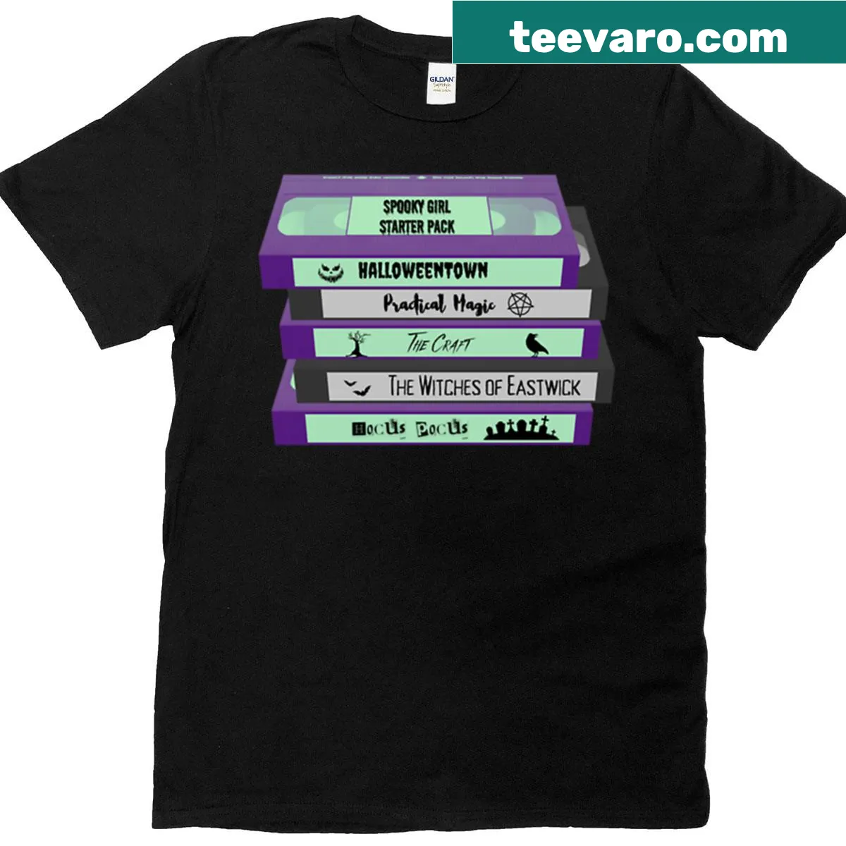 VHS-style graphic t-shirt representing a spooky girl starter pack — on a men's t-shirt