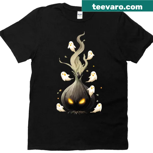 Cartoon spooky onion monster with cute ghosts around
