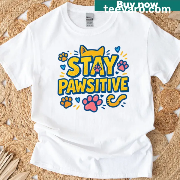Comic-style text and cat graphic promoting positivity