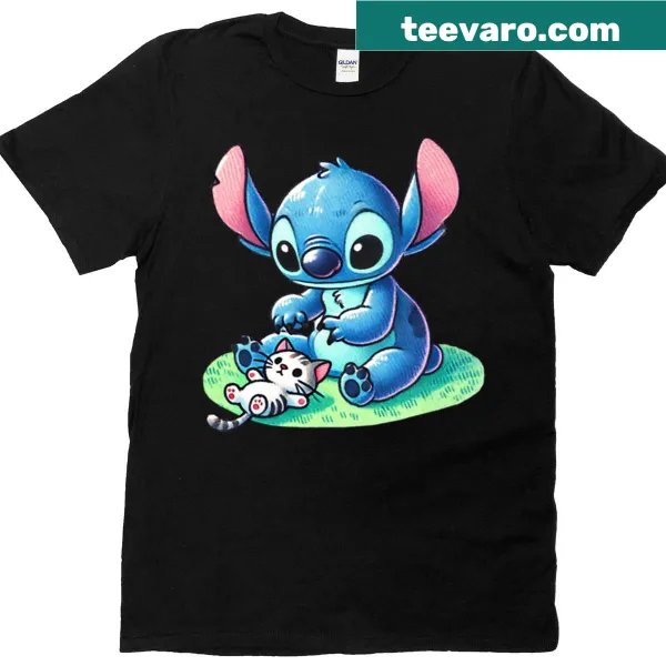 T-shirt featuring a whimsical cat design with sewing tools