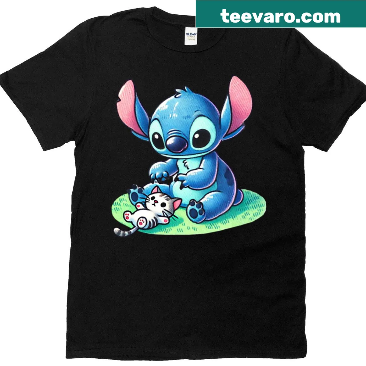T-shirt featuring a whimsical cat design with sewing tools — on a men's t-shirt