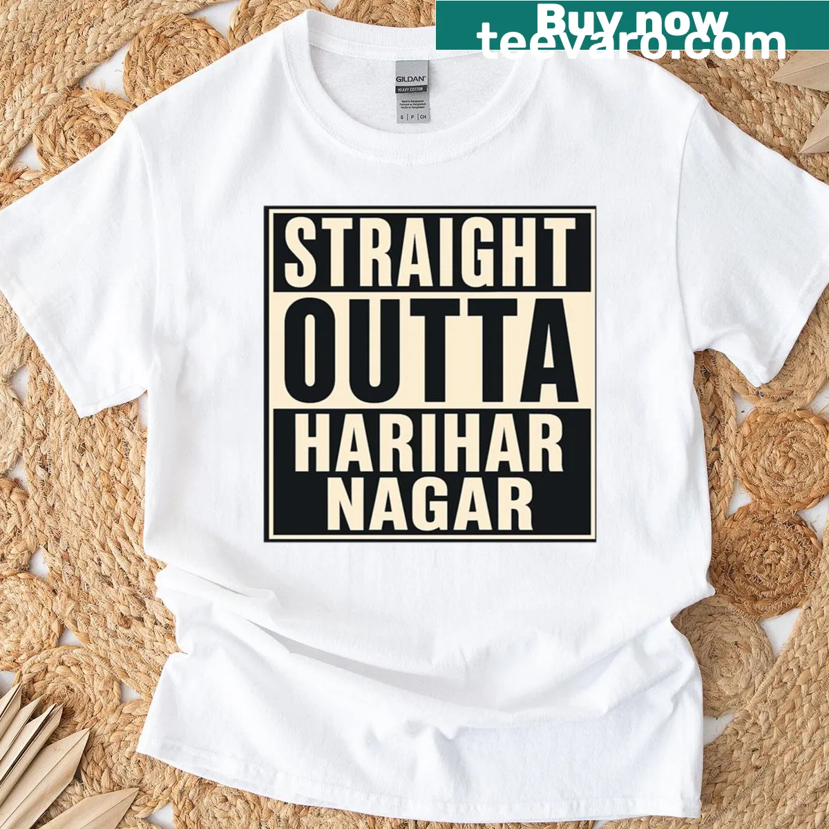 Vintage-style shirt with 'Straight Outta Harihar Nagar' text — on a men's t-shirt
