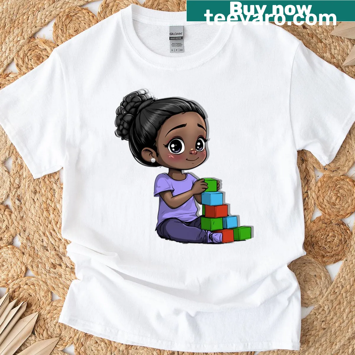 Illustrated T-shirt featuring a stylish African American kid with curly hair — on a men's t-shirt