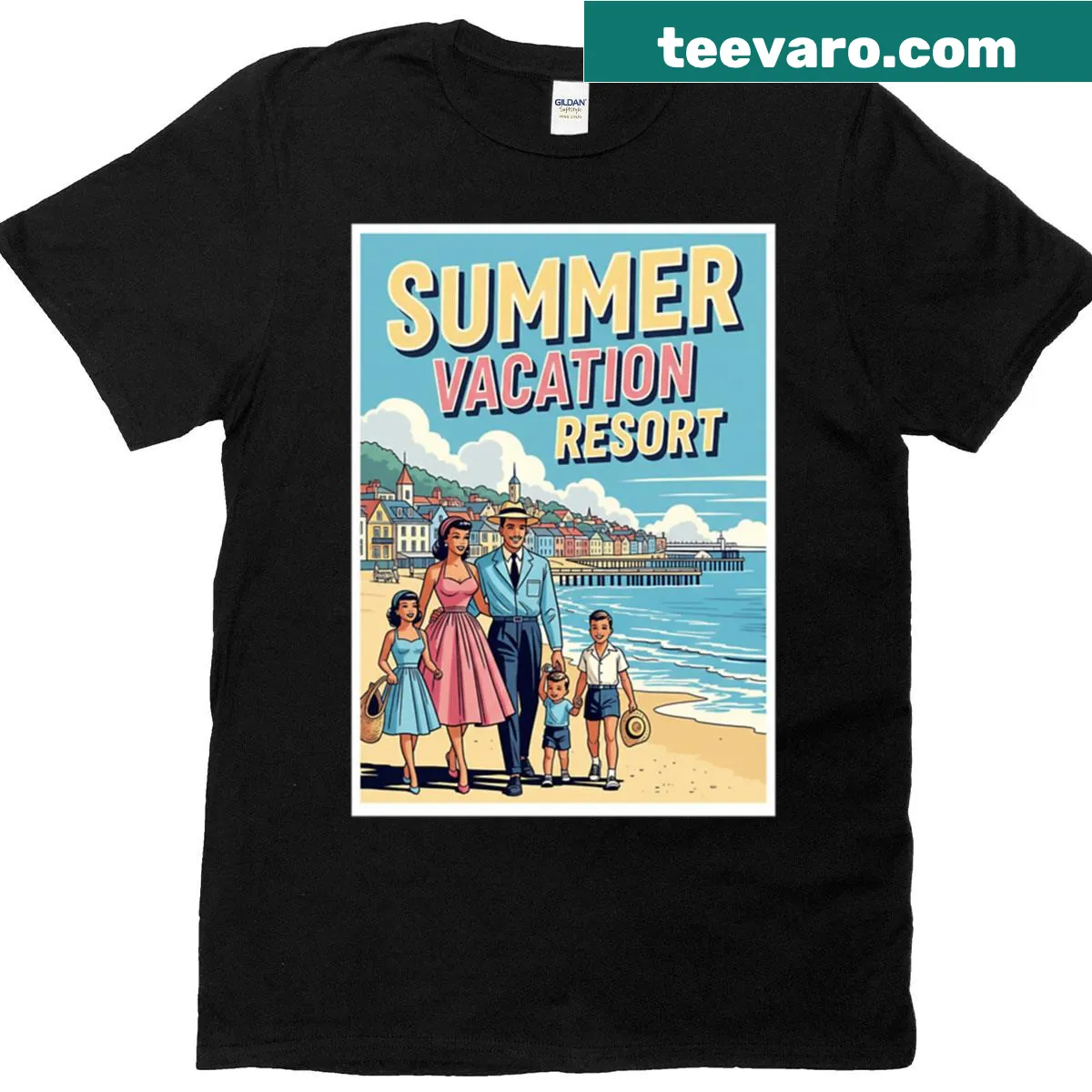 50s style summer holidays poster illustration on oversized T-shirt — on a men's t-shirt