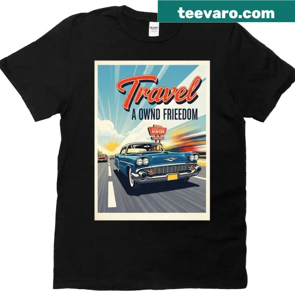 T-shirt featuring a vintage car from a summer holidays poster design.
