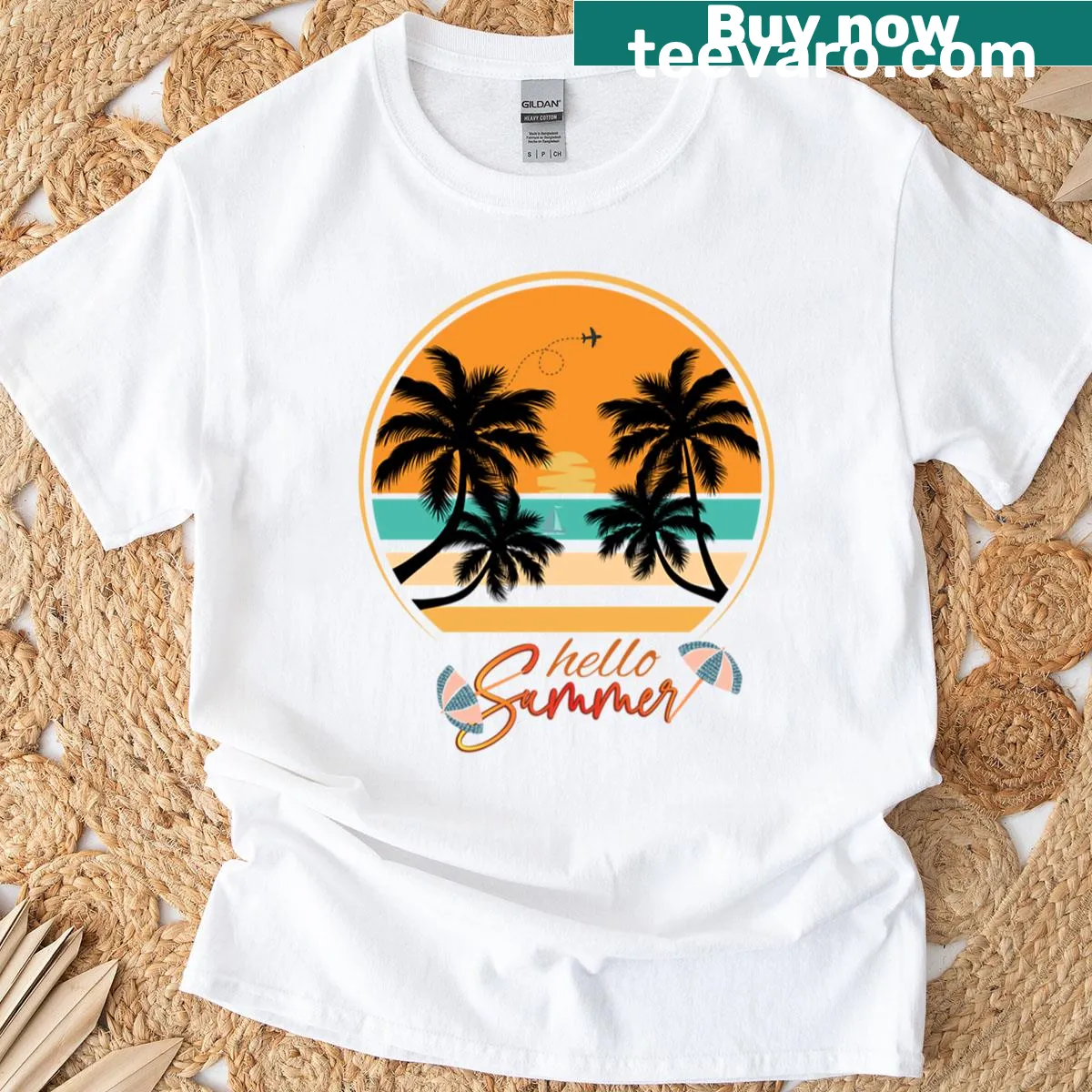 Oversized t-shirt featuring playful summer-themed graphics including sun and shades — on a men's t-shirt