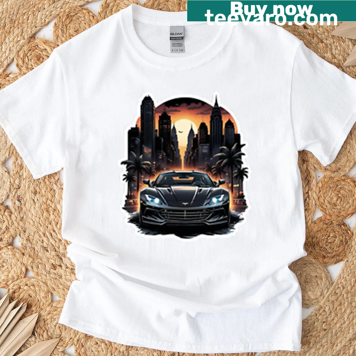 Graphic T-shirt featuring city skyline and sport theme — on a men's t-shirt