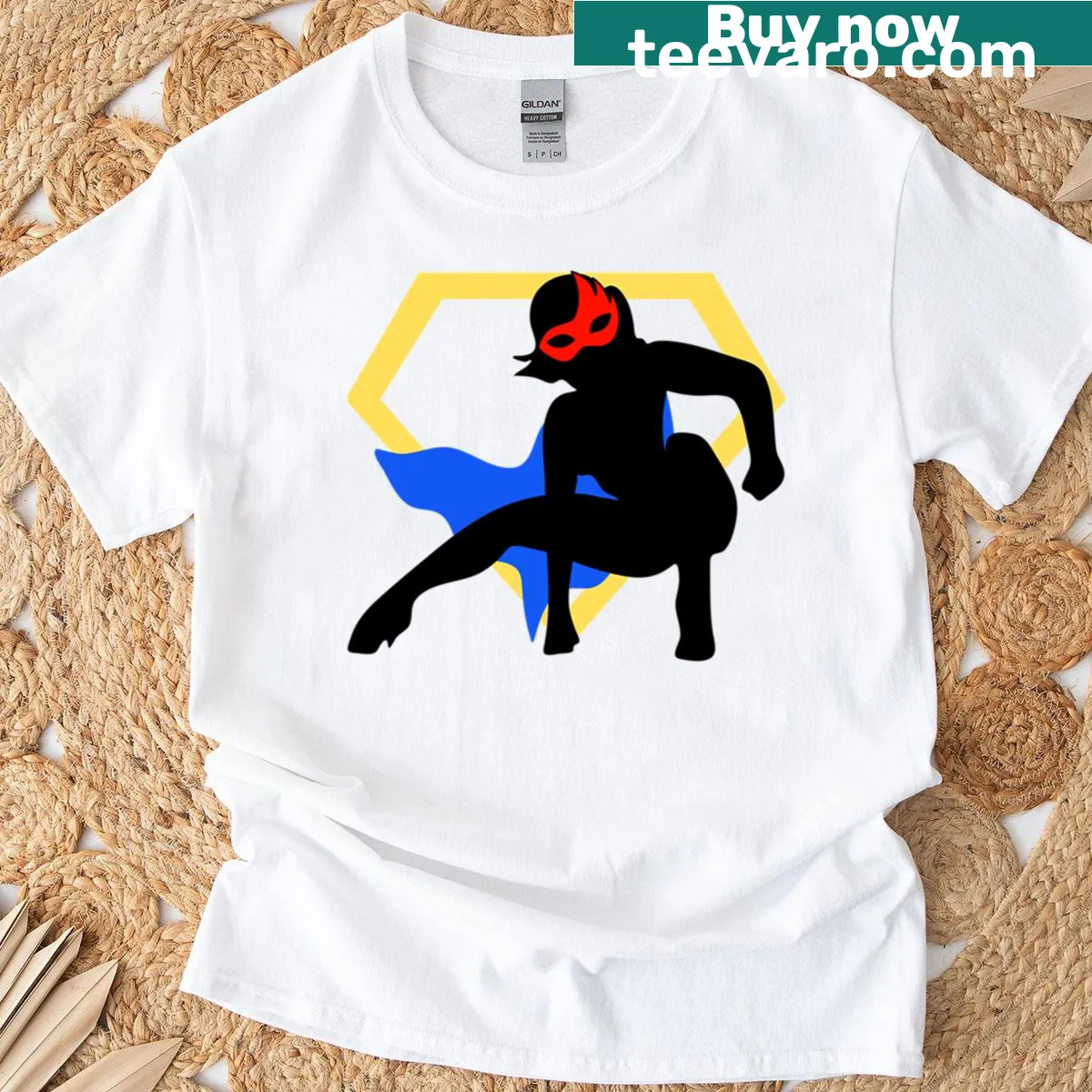 Superhero graphic T-shirt with red mask and shadow — on a men's t-shirt