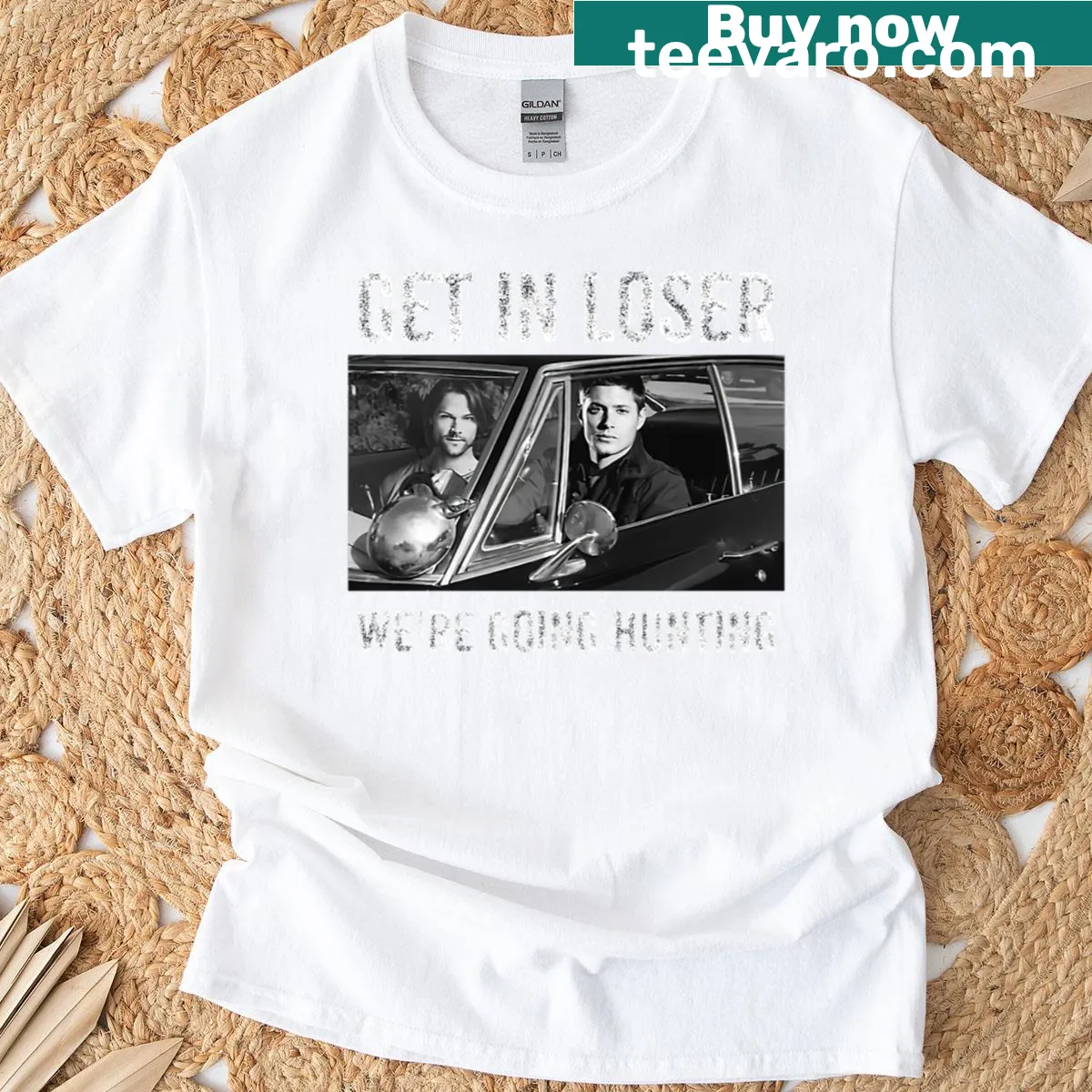 Funny Supernatural fan art t-shirt with text 'Get In, Loser' — on a men's t-shirt