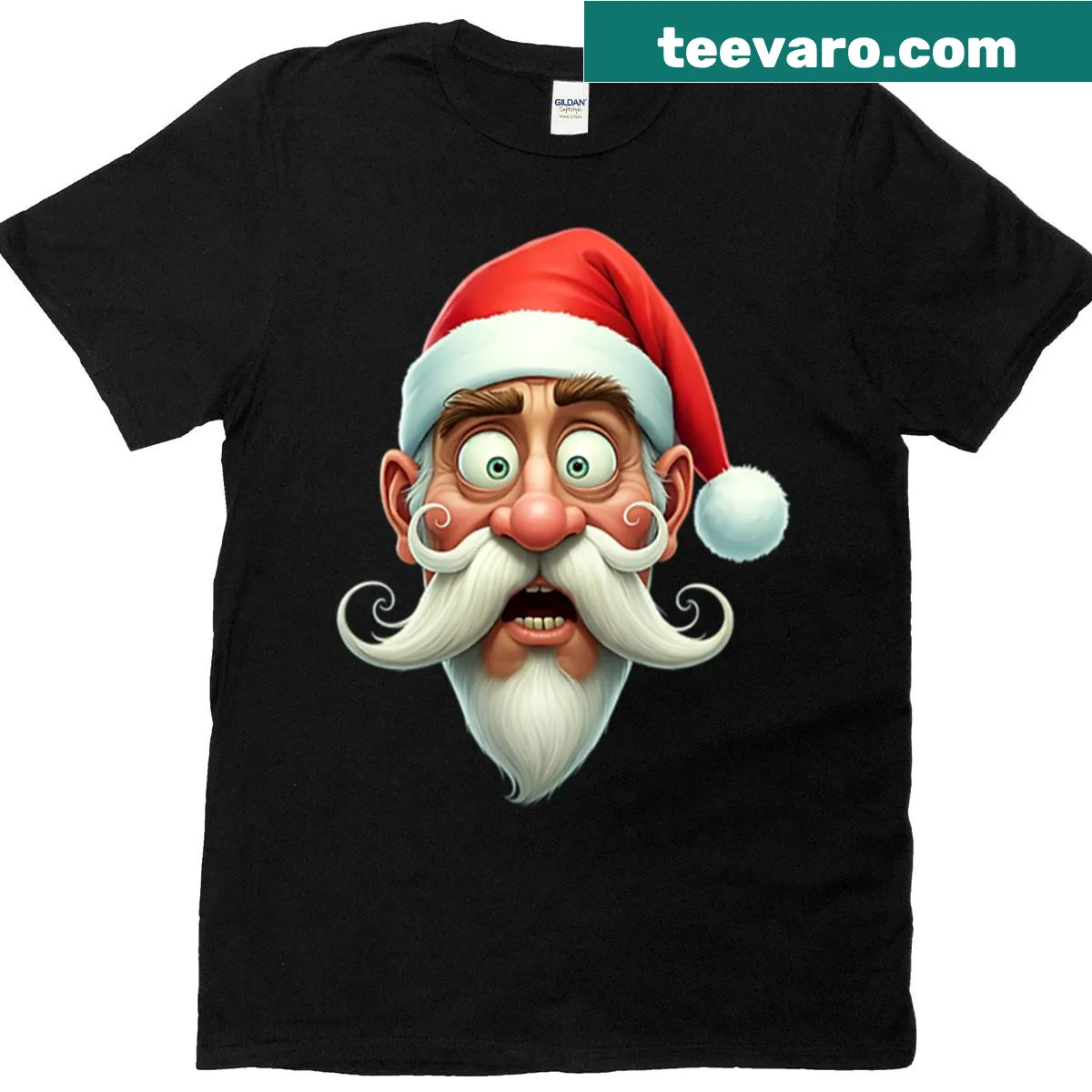 Cartoon surprised Santa face graphic on T-shirt — on a men's t-shirt