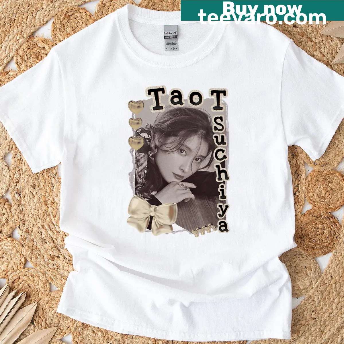 Y2K vintage scrapbook collage of Tao Tsuchiya on T-shirt — on a men's t-shirt