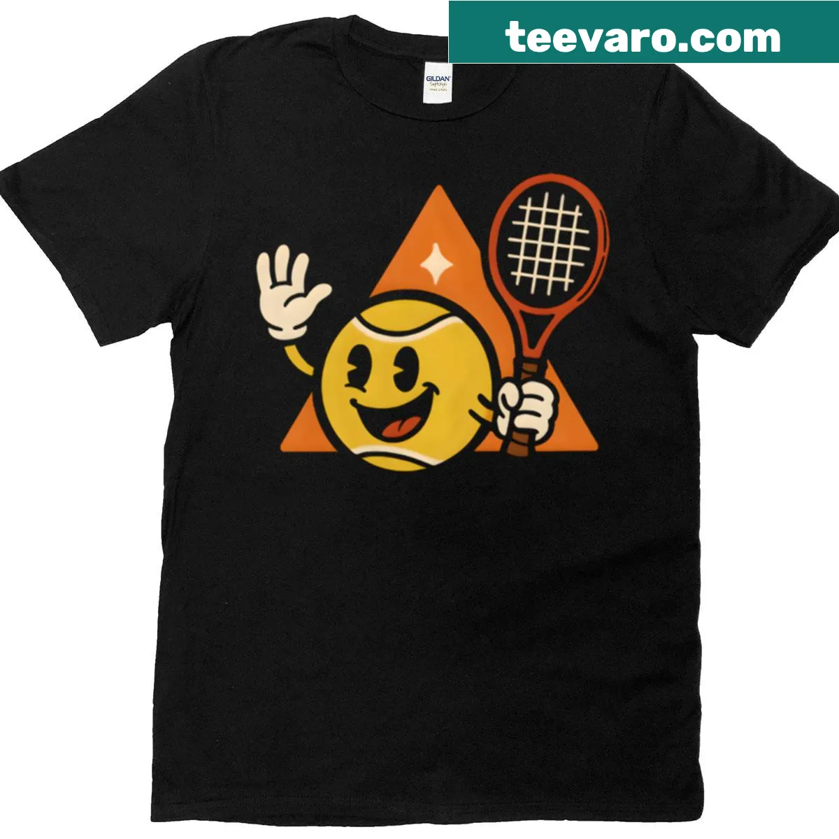 Cartoon-style T-shirt featuring a tennis ball with a racket. — on a men's t-shirt
