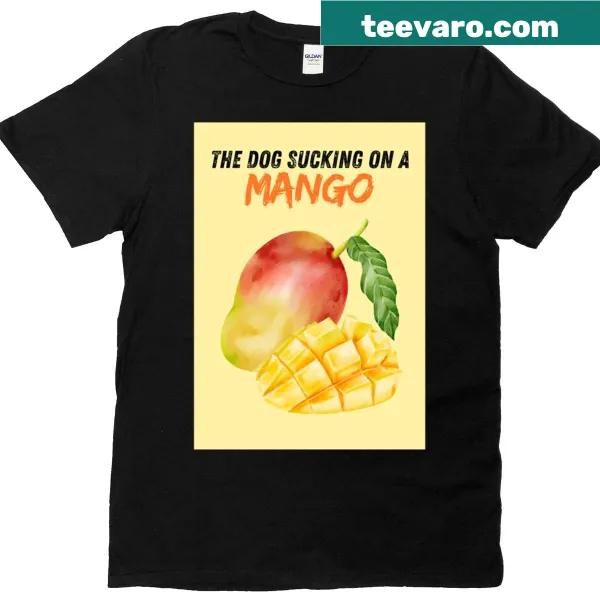 Cartoon T-shirt of a dog sucking on a mango, humorous design