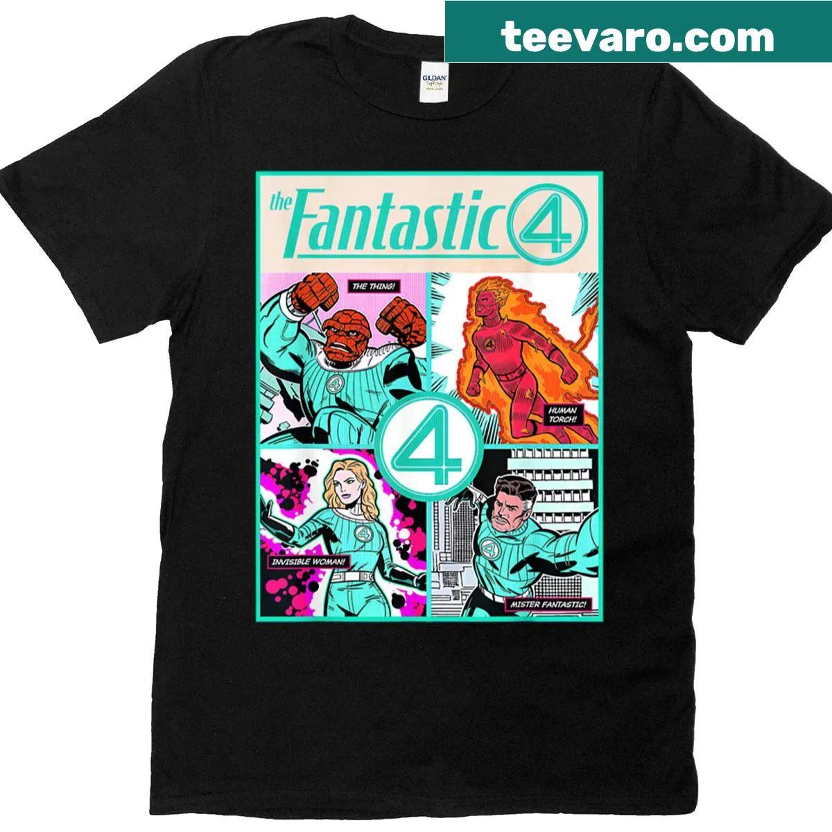 Illustrated T-shirt featuring characters from The Fantastic Four — on a men's t-shirt