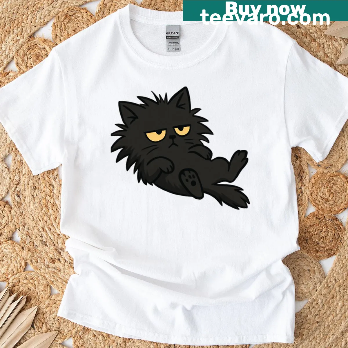 Cartoon cat lounging graphic T-shirt for cat lovers — on a men's t-shirt