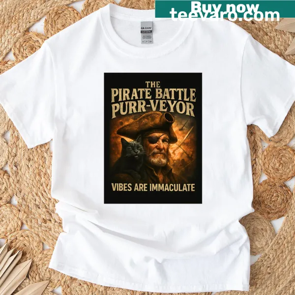 Funny black cat pirate graphic with bold text on a vintage tee