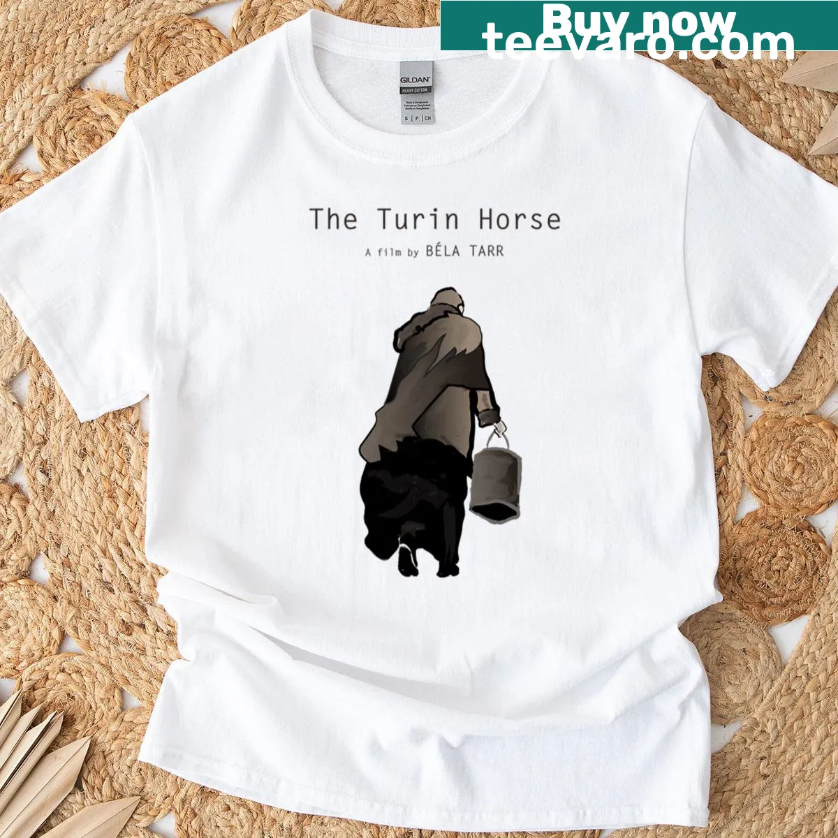 T-shirt inspired by The Turin Horse 2011 film poster — on a men's t-shirt