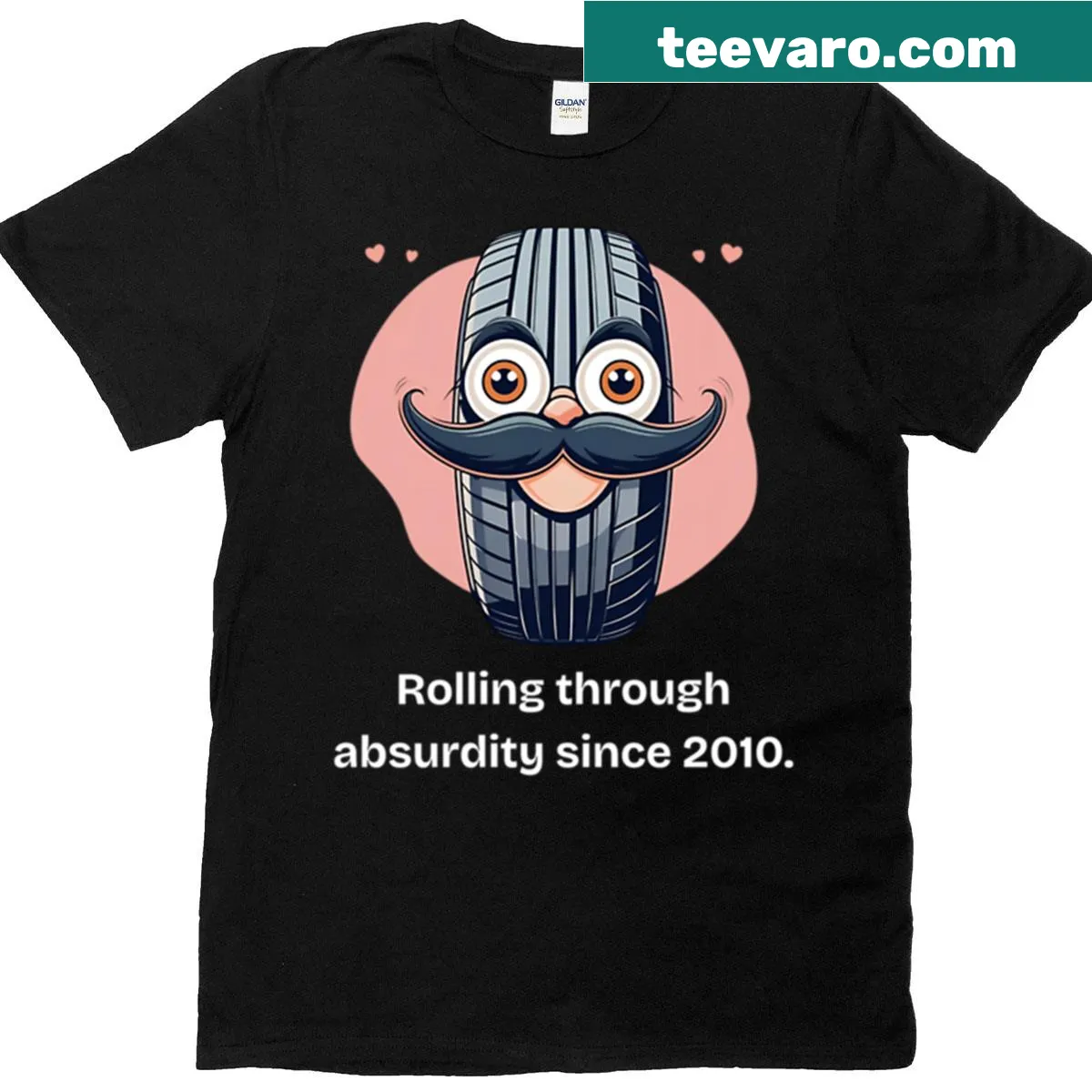 T-shirt featuring a whimsical tire graphic with eyes and a mustache. — on a men's t-shirt