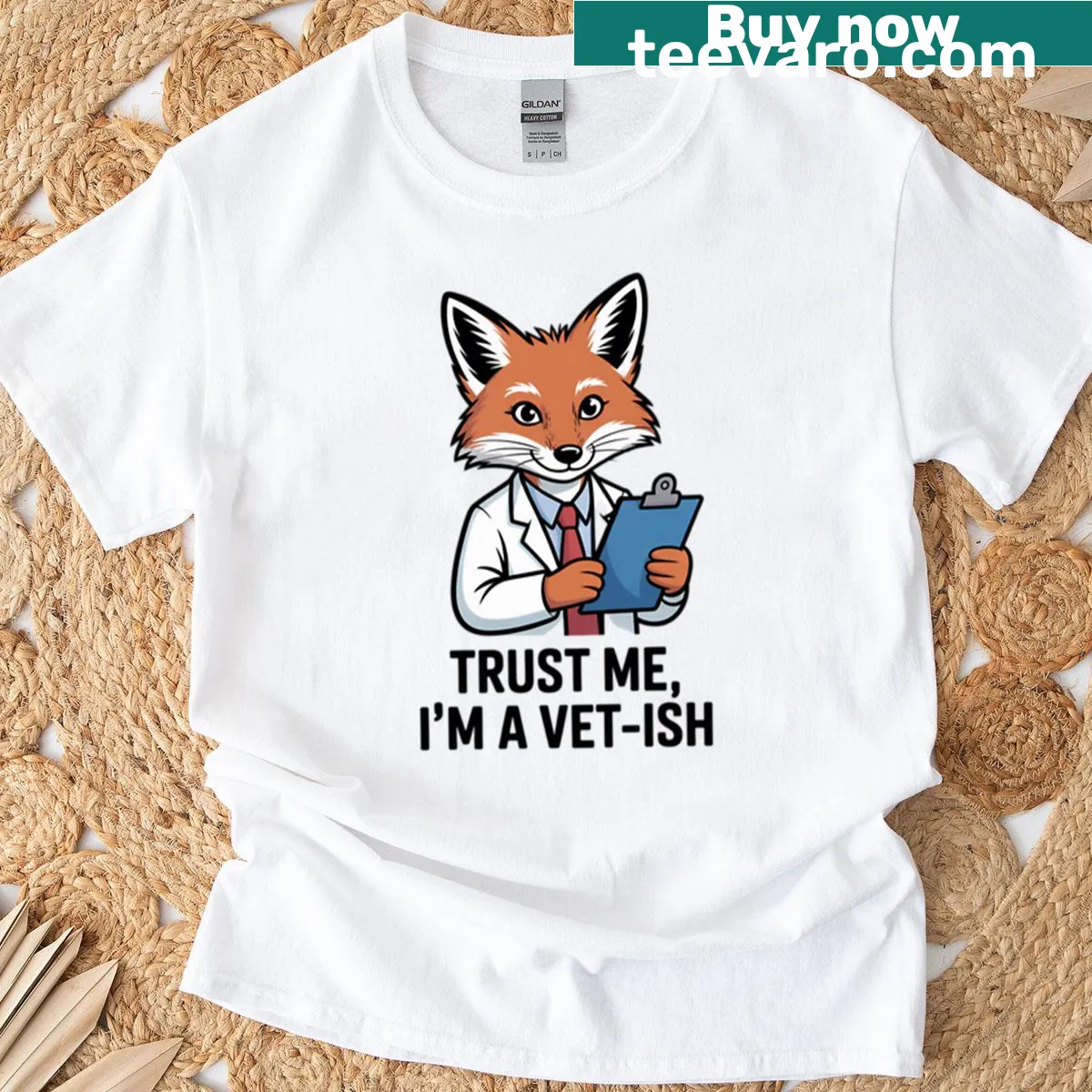 Funny illustration of a fox doctor with the phrase 'Trust Me, I'm A Vet-ish' — on a men's t-shirt