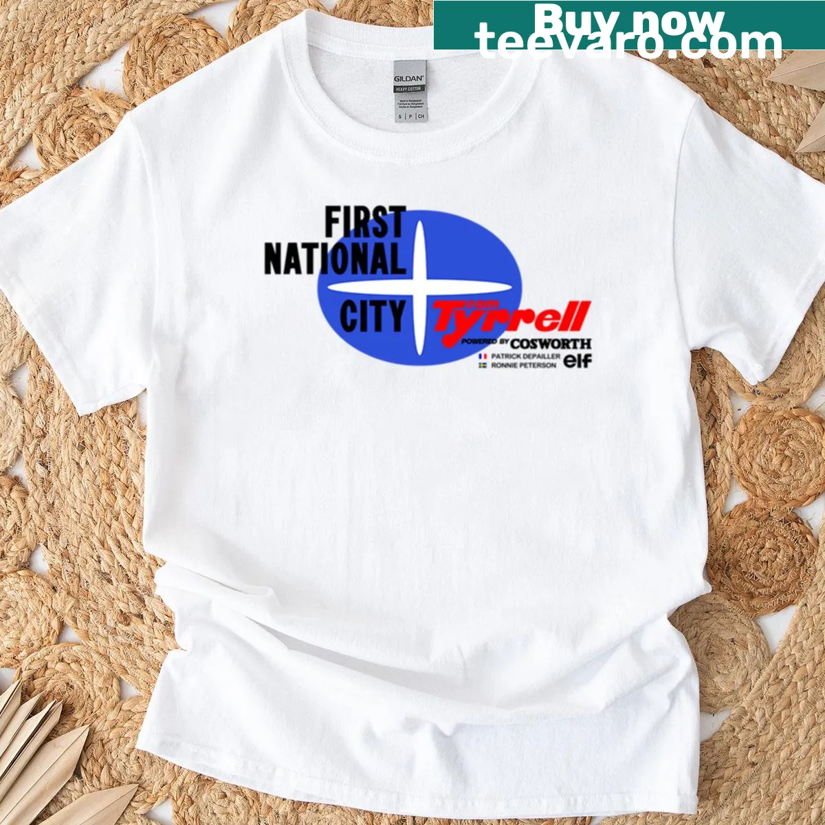 T-shirt featuring a badge design honoring the Tyrrell F-1 Team P34 6 Wheeler — on a men's t-shirt
