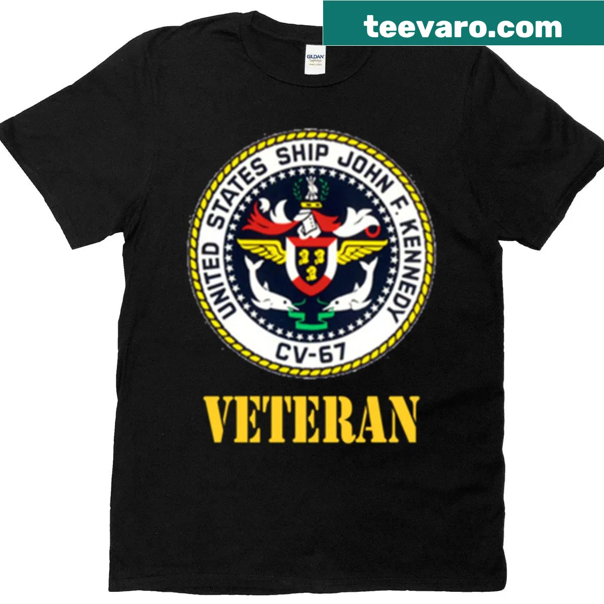 Patriotic T-shirt featuring the USS John F. Kennedy CV-67 insignia. — on a men's t-shirt