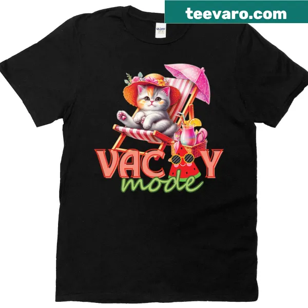 Cat-themed shirt featuring a relaxed kitty graphic and Vacay Mode text
