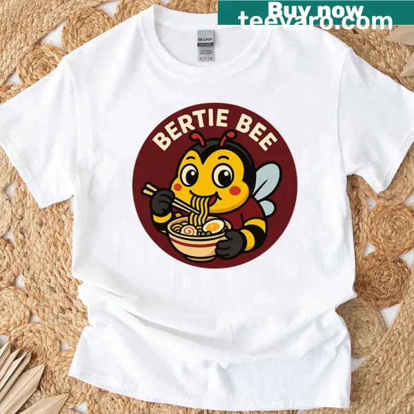 Cute chibi-style bee mascot with ramen graphic t-shirt