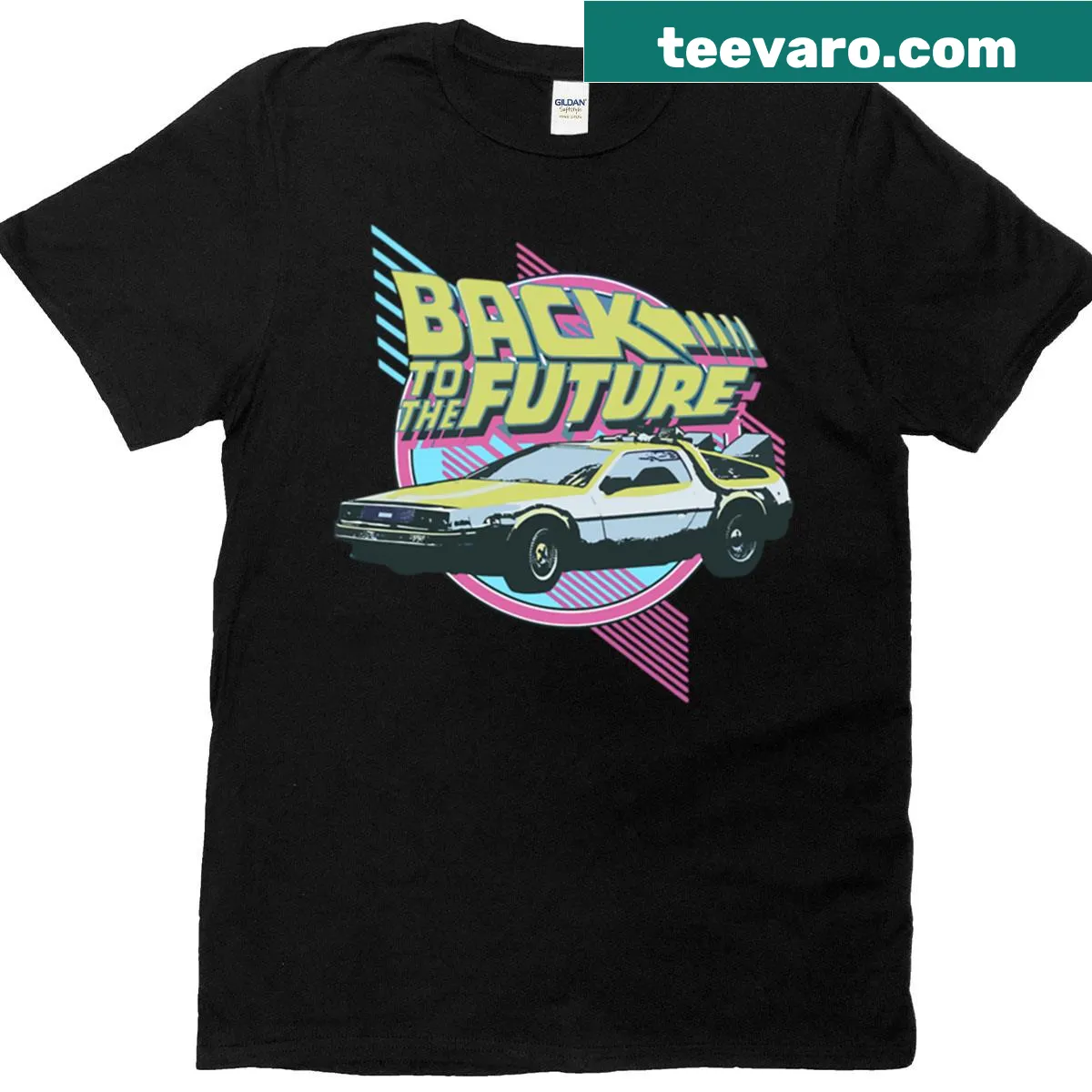 Vintage T-shirt featuring an illustration of a DeLorean car from behind — on a men's t-shirt