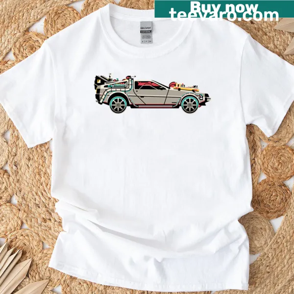 T-shirt featuring a vintage illustration of a Delorean car