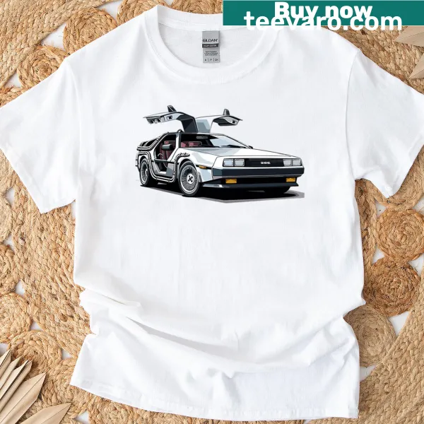 Stylized illustration of a Vintage DeLorean car on a T-shirt