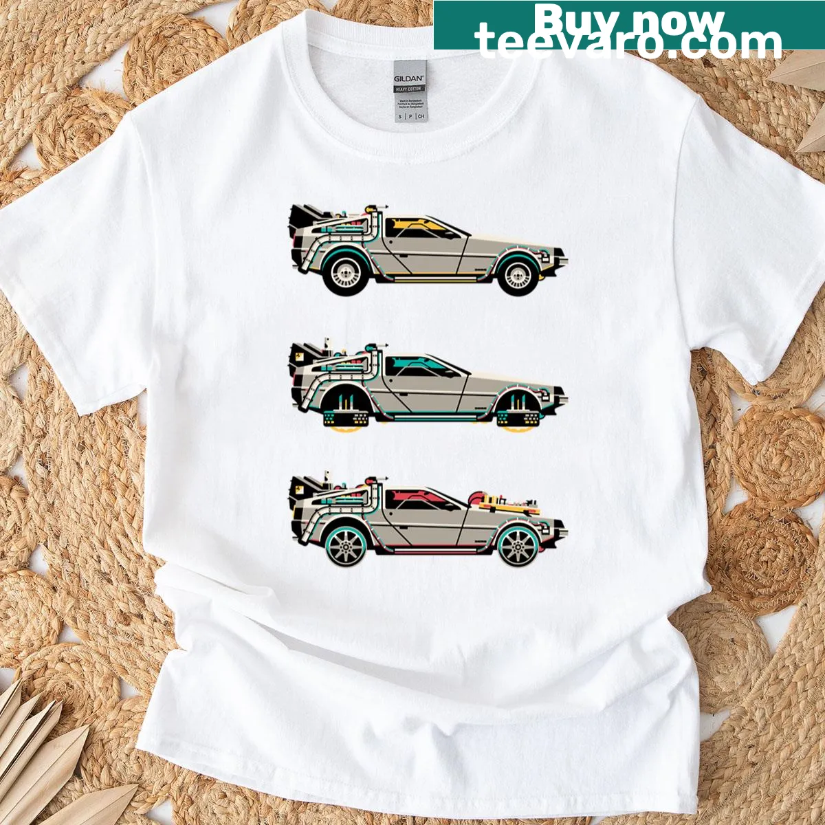 Vintage Delorean car graphic T-shirt in distressed style — on a men's t-shirt