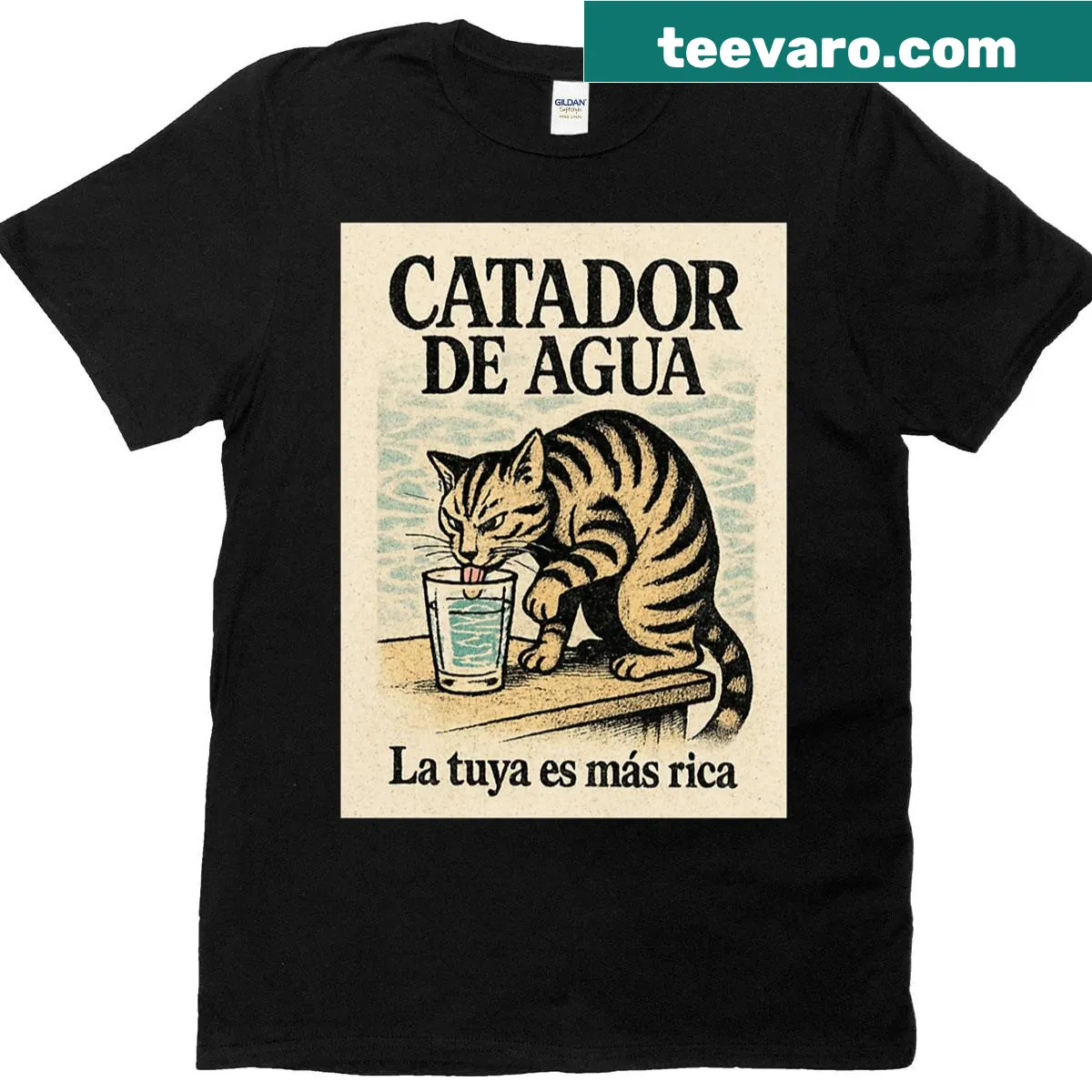 90s style T-shirt with humorous Water Taster Cat design — on a men's t-shirt