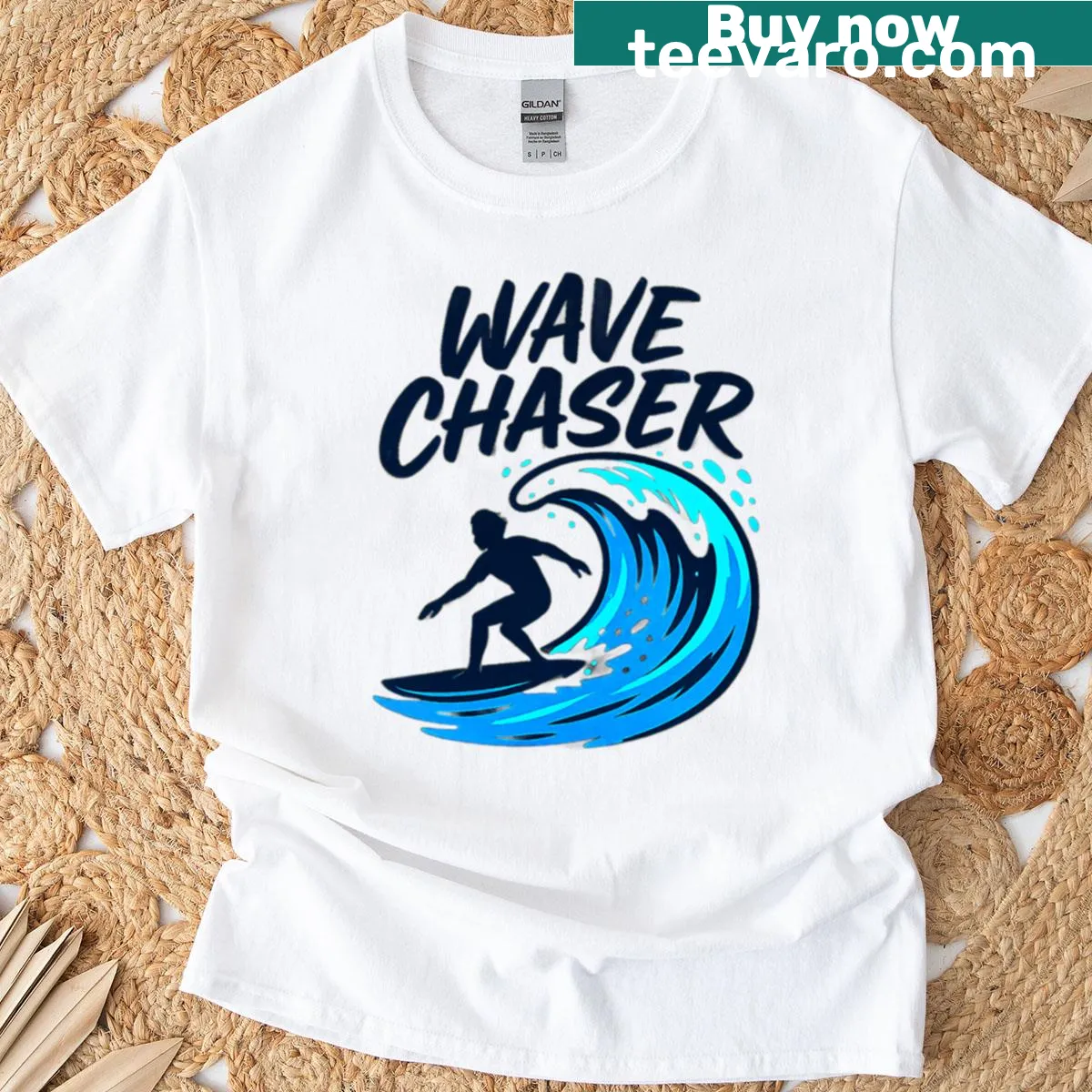 Surfing-themed T-shirt with a dynamic wave graphic design — on a men's t-shirt