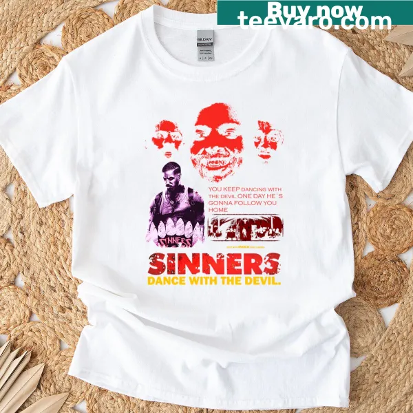 Typography t-shirt with the phrase 'We Are All Sinners' prominently displayed.