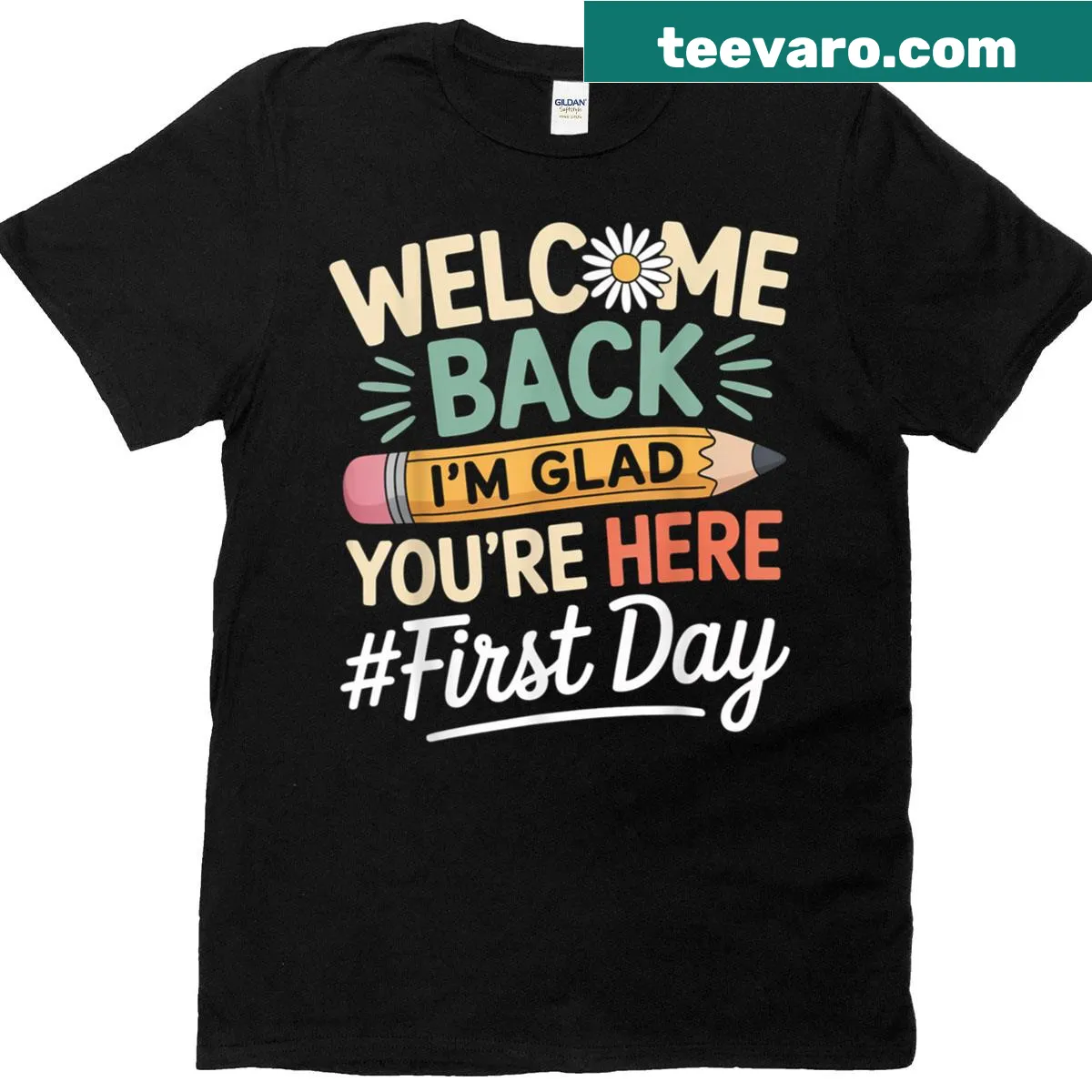 Teacher t-shirt with the phrase I'm glad you're here for back to school — on a men's t-shirt