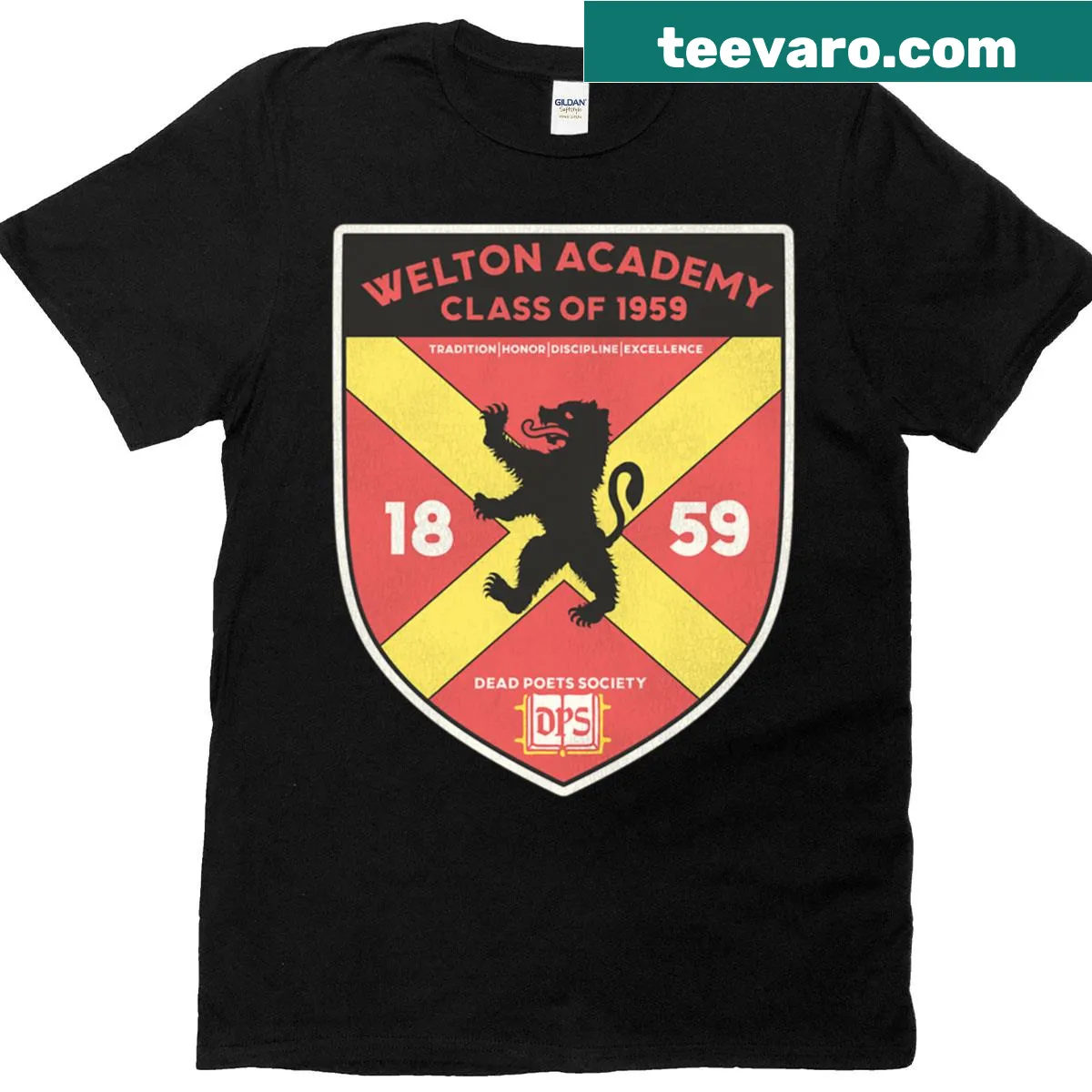 Vintage-inspired t-shirt featuring Welton Academy heraldry from Dead Poets Society — on a men's t-shirt