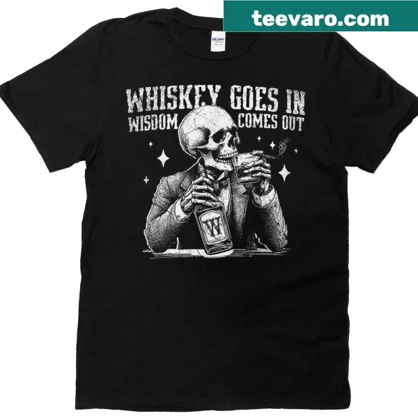 T-shirt featuring a skull design and whiskey-related saying