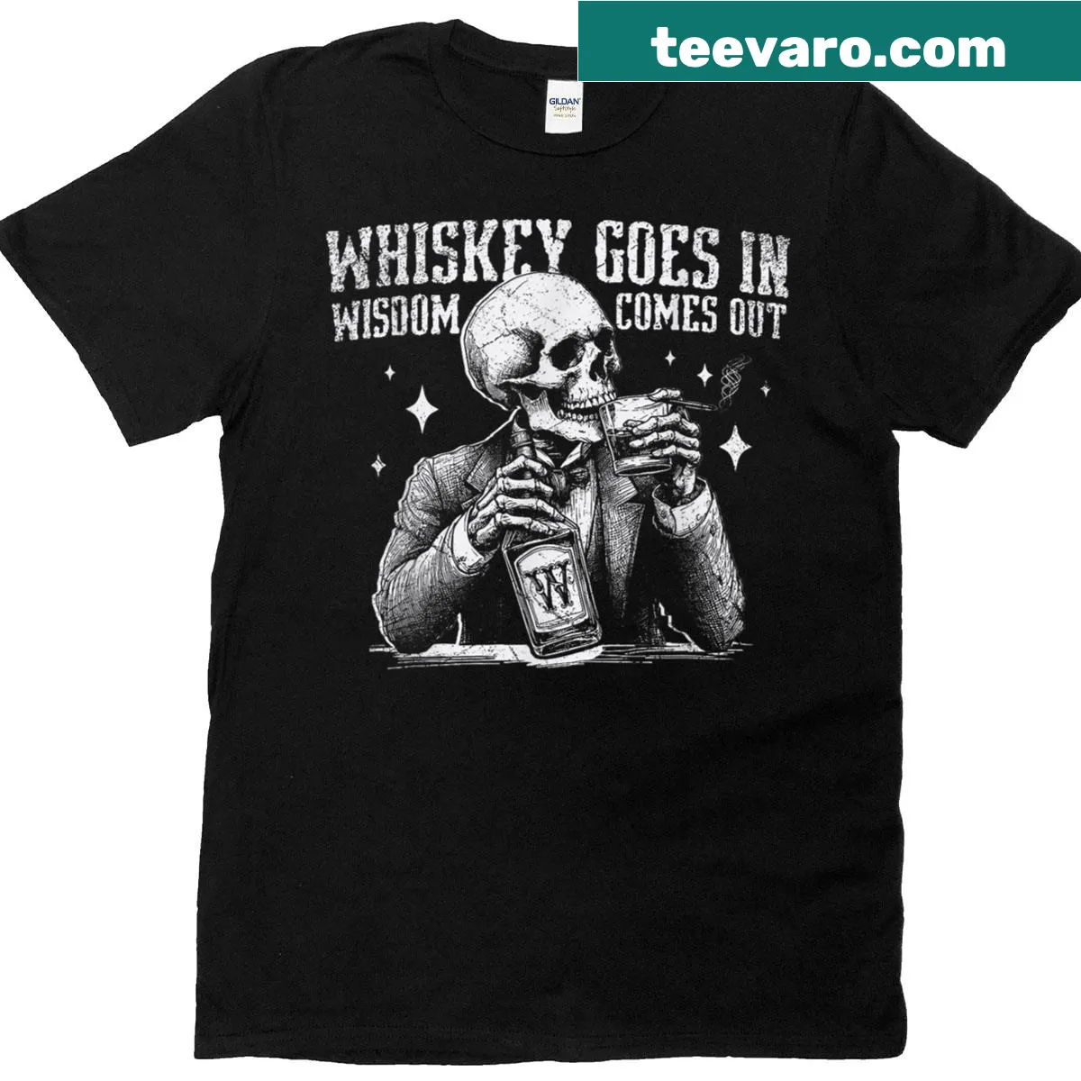 T-shirt featuring a skull design and whiskey-related saying — on a men's t-shirt