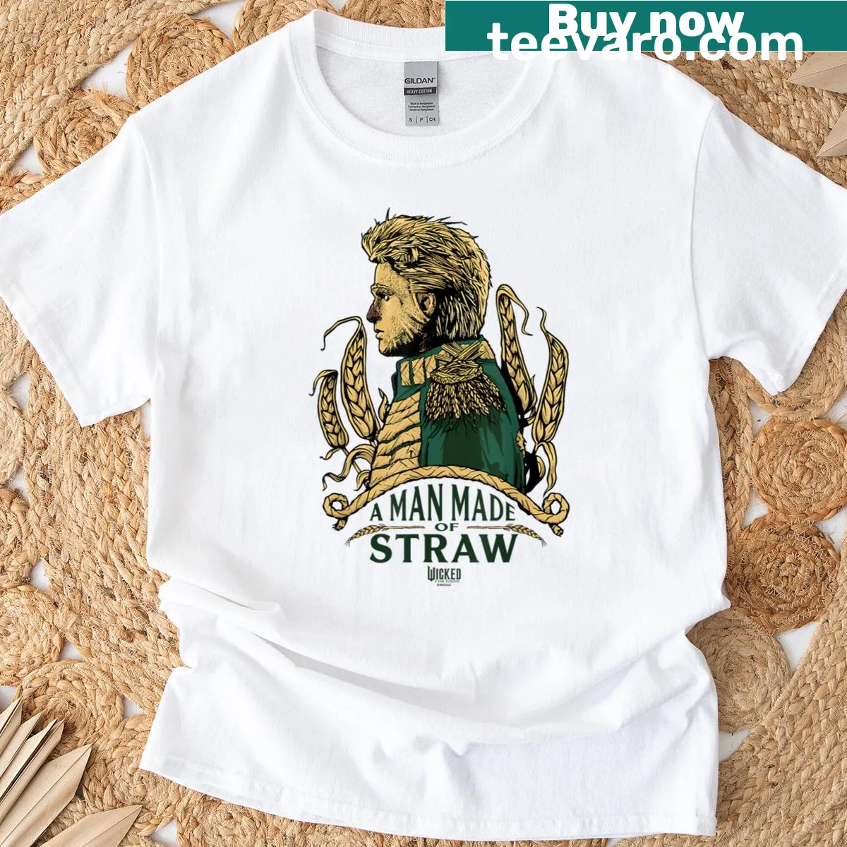 Illustrative t-shirt featuring a whimsical man made of straw. — on a men's t-shirt