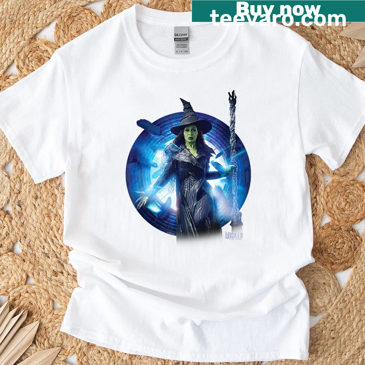 Illustrative t-shirt featuring Elphaba in a power pose. — on a men's t-shirt