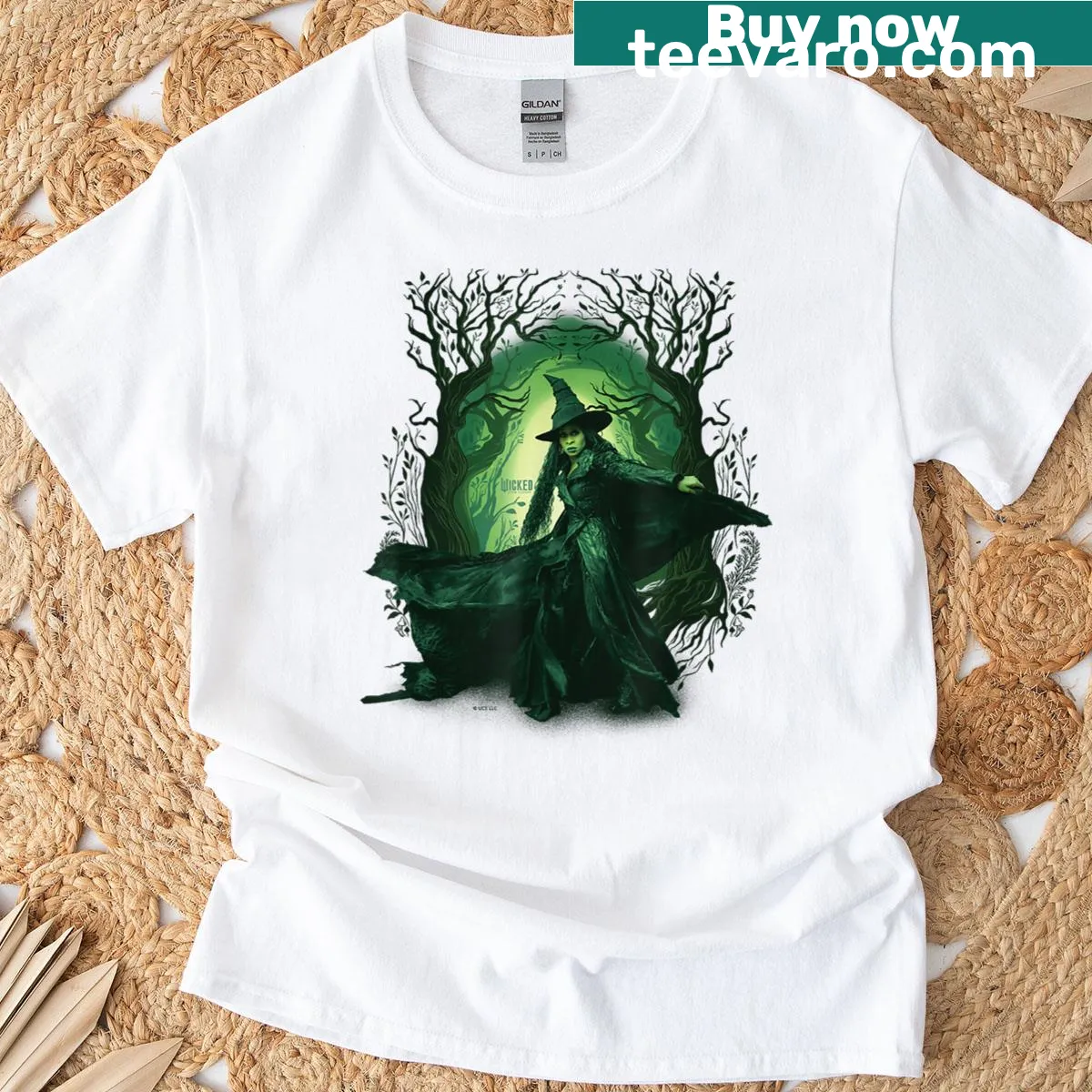 Elphaba twirling in the forest illustrated on a t-shirt — on a men's t-shirt